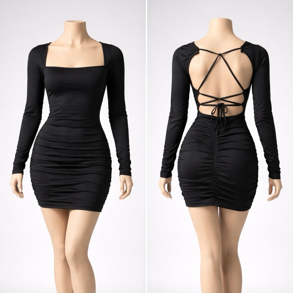 Black Long-Sleeve Ruched Bodycon Dress with Open Lace-Back